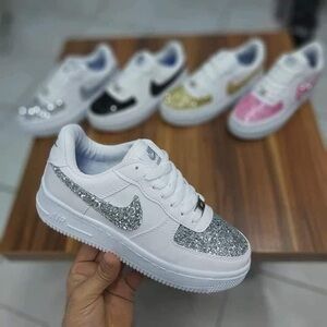 Nike Air Force 1 Triple White Custom Shoes Hand Painted Silver Glitter Sneakers